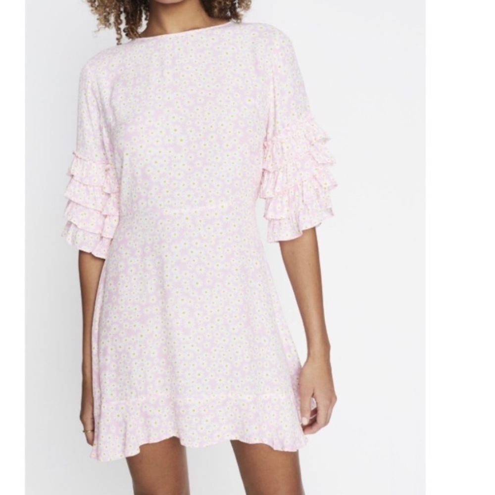 💥💥Clearance!!💥💥pink floral print Serafina ruffled short sleeve mini dress - Picture 3 of 13